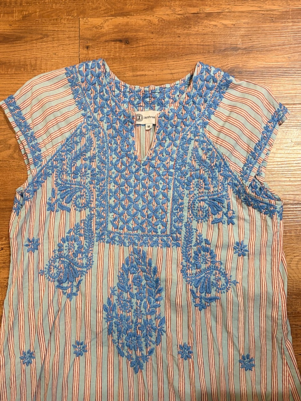 Embroidered Blue Stripe Cotton Mini Dress